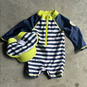 Kids Navy Stripe Rashguard Swimsuit with Lime Accents and Sun Hat